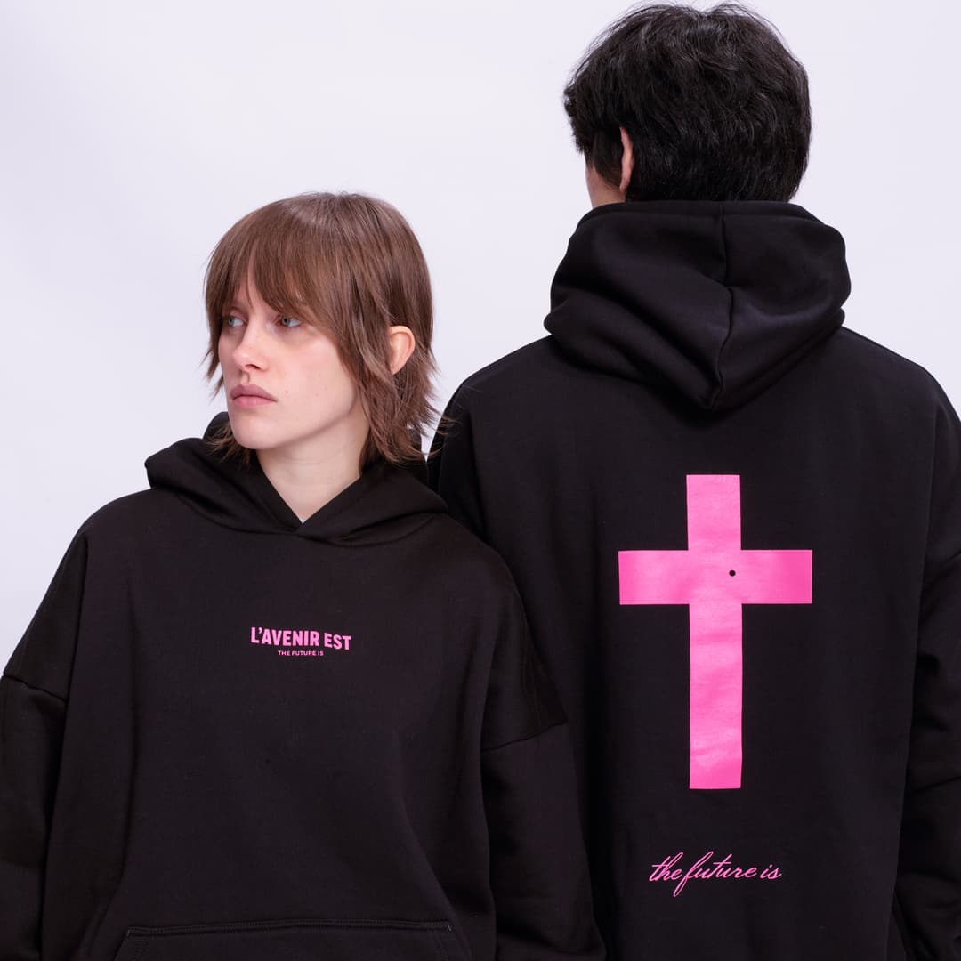 Black Heart of the Cross Hoodie - Pink Text