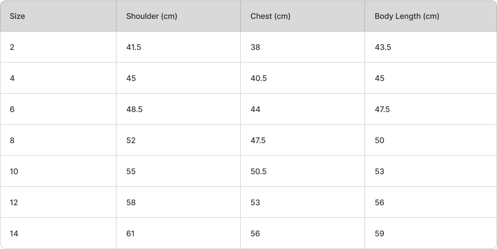 Kids Hoodies size guide