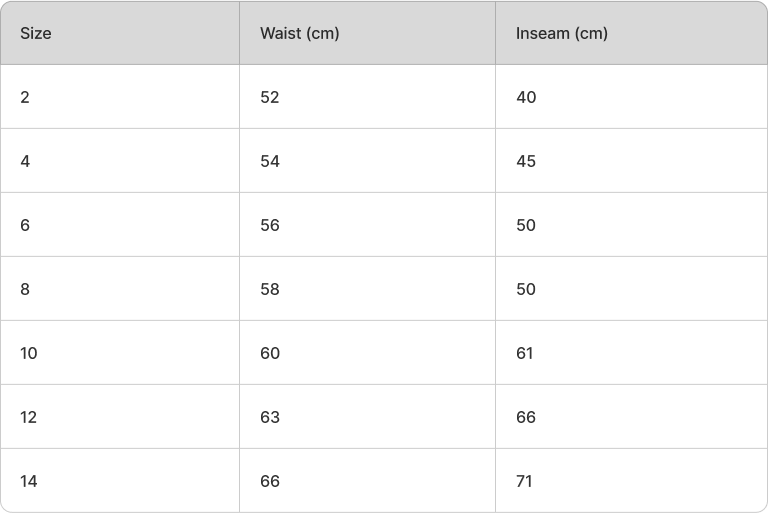 kids Pants size guide